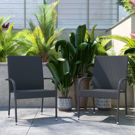 FLASH FURNITURE 2 Pack Gray Stacking Wicker Patio Armchairs, 2PK 2-TW-3WBE073-GY-GG